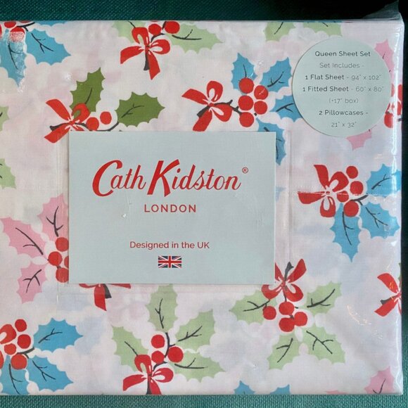 Cath Kidston London CHRISTMAS HOLLY Queen Size Sheet Set Crisp Percale Cotton